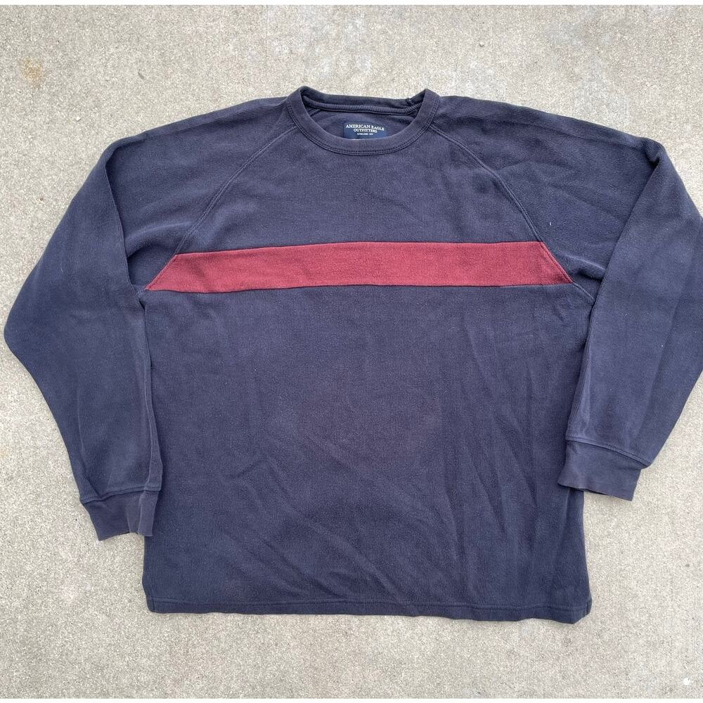 Vintage American Eagle Mens L Thermal Long Sleeve Faded Navy Red Stripe Y2K